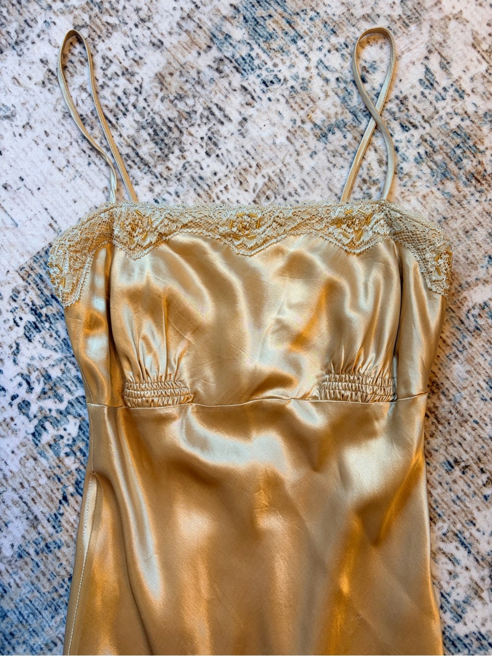 Vintage Satin Slip Dress with Lace Trim - Gold